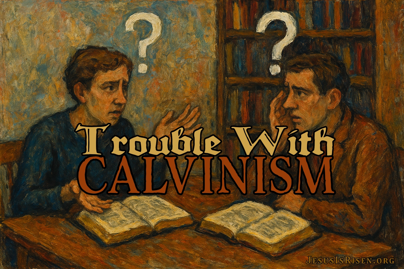 Two men sitting at a table discussing Scripture