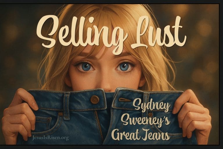 A close-up digital illustration of a young blonde woman with blue eyes, holding a pair of unbuttoned blue jeans that cover her face below the eyes. The image is styled with a cinematic, painterly look and features the article title “Selling Lust: Sydney Sweeney’s Great Jeans” in large script across the top.