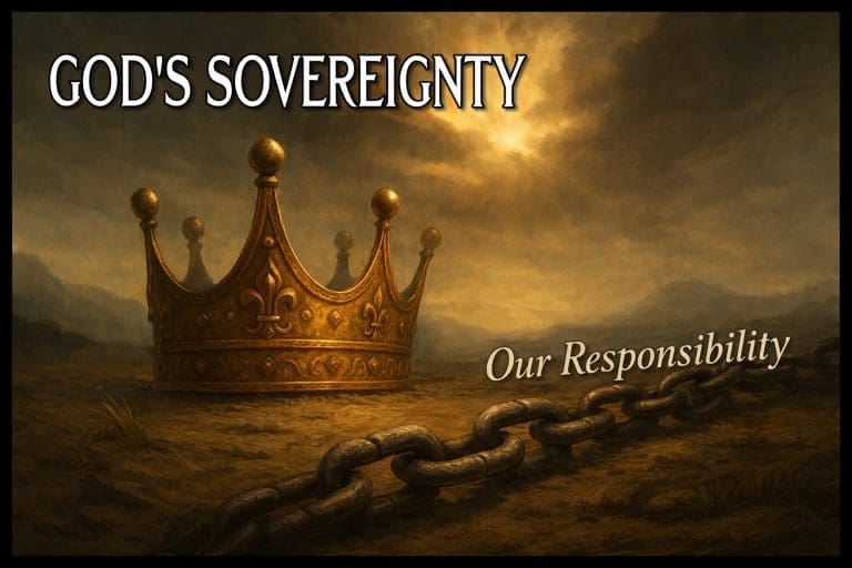 Golden crown resting on barren ground beneath dramatic clouds, with a heavy iron chain in the foreground, symbolizing God’s sovereignty and human responsibility.