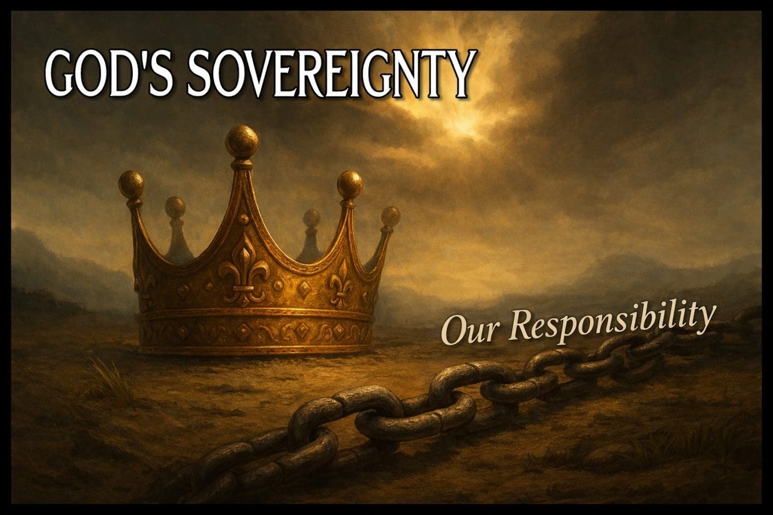 Golden crown resting on barren ground beneath dramatic clouds, with a heavy iron chain in the foreground, symbolizing God’s sovereignty and human responsibility.