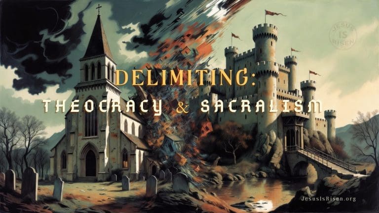 Illustrative fantasy artwork of a medieval church and castle violently fused together in an unholy amalgamation, swirling chaos and debris exploding from the merger, stormy sky and foggy graveyard foreground, symbolic of improper church-state fusion.