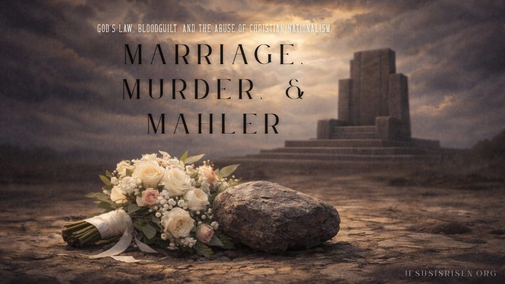 Digital illustration of a wedding bouquet crushed by a stone before a judgment seat under a dark, cloudy sky.