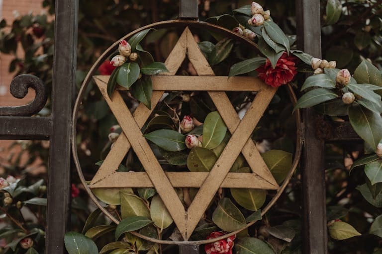 Close-up of a wooden Star of David entwined with red flowers and green leaves outdoors.
