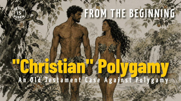 Illustrated Garden of Eden scene of Adam and Eve holding hands beneath a tree with a serpent and fruit above them, overlaid with the text 'From the Beginning,' '"Christian" Polygamy,' and 'An Old Testament Case against Polygamy,' with the JesusIsRisen.org logo in the corner.